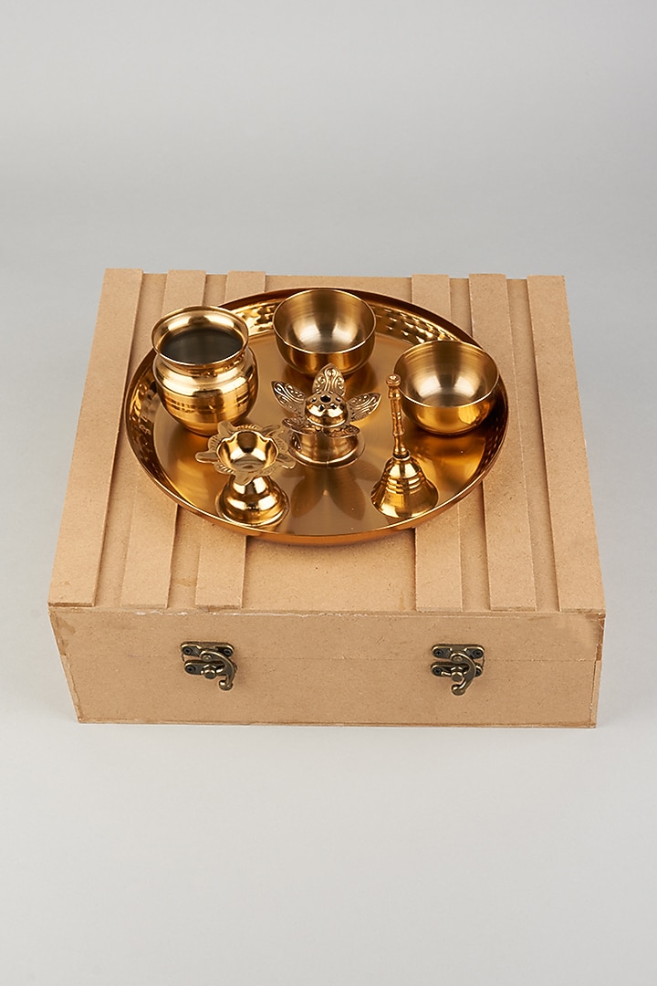 Rose Gold Plated Hand Carved Aarti Thali (Set of 7) by The Khabiyas Trunk by KJ at Pernia's Pop Up Shop