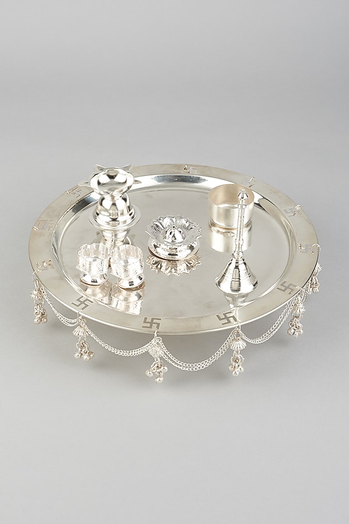 Sterling Silver Plated Pooja Thali (Set of 6) by The Khabiyas Trunk by KJ