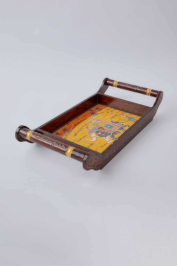 Brown Wooden Printed Tray Set by The Khabiyas Trunk by KJ