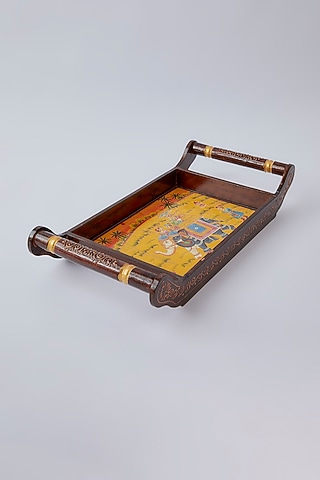 Brown Wooden Printed Tray Set by The Khabiyas Trunk by KJ