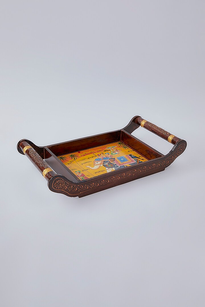 Brown Wooden Printed Tray Set by The Khabiyas Trunk by KJ at Pernia's Pop Up Shop