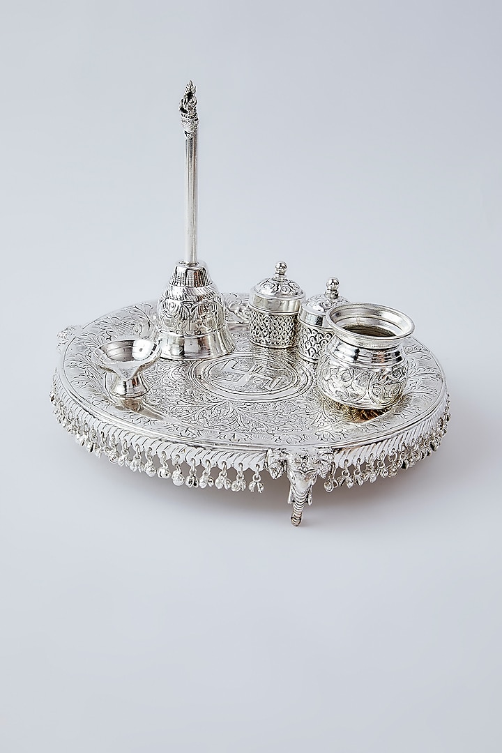 Silver Metal Pooja Thali Set by The Khabiyas Trunk by KJ at Pernia's Pop Up Shop