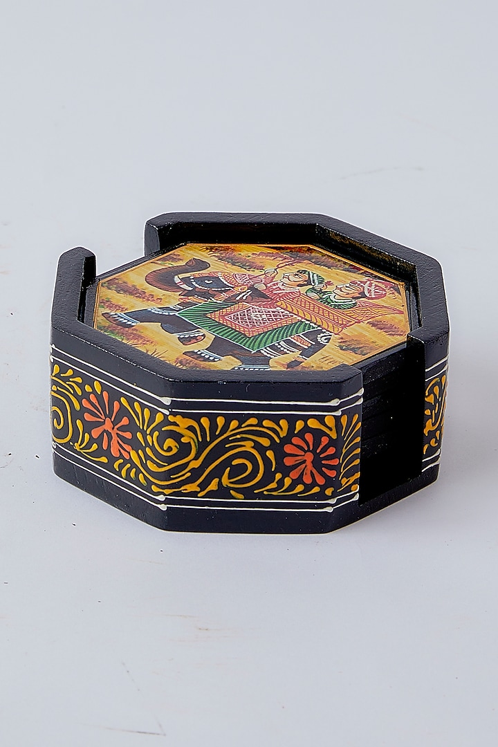 Black Wooden Coaster Set With Box by The Khabiyas Trunk by KJ at Pernia's Pop Up Shop