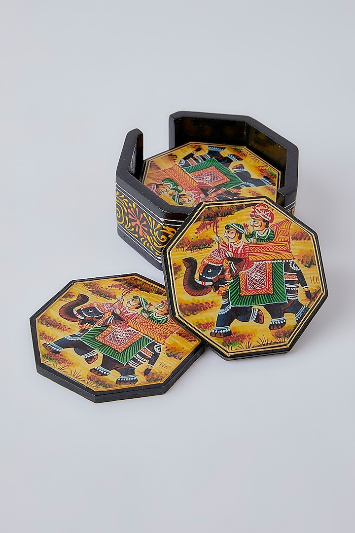 Black Wooden Coaster Set With Box by The Khabiyas Trunk by KJ