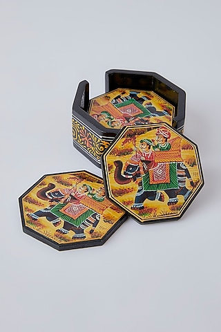 Black Wooden Coaster Set With Box by The Khabiyas Trunk by KJ
