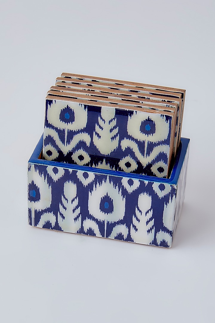 Cobalt Blue Wooden Coaster Set With Box by The Khabiyas Trunk by KJ