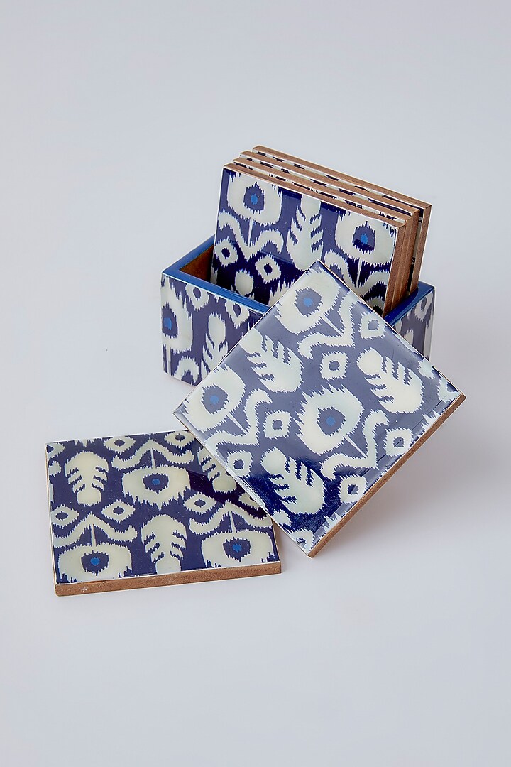 Cobalt Blue Wooden Coaster Set With Box by The Khabiyas Trunk by KJ at Pernia's Pop Up Shop