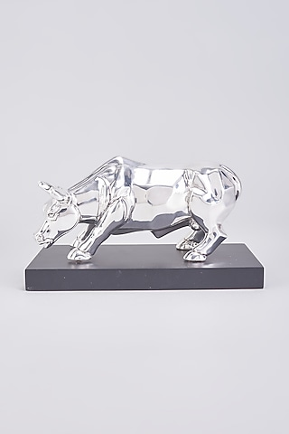 Silver Metal & Wood Bull Sculpture by The Khabiyas Trunk by KJ