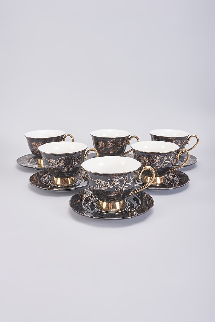 Black Porcelain Printed Cups & Saucer Set by The Khabiyas Trunk by KJ