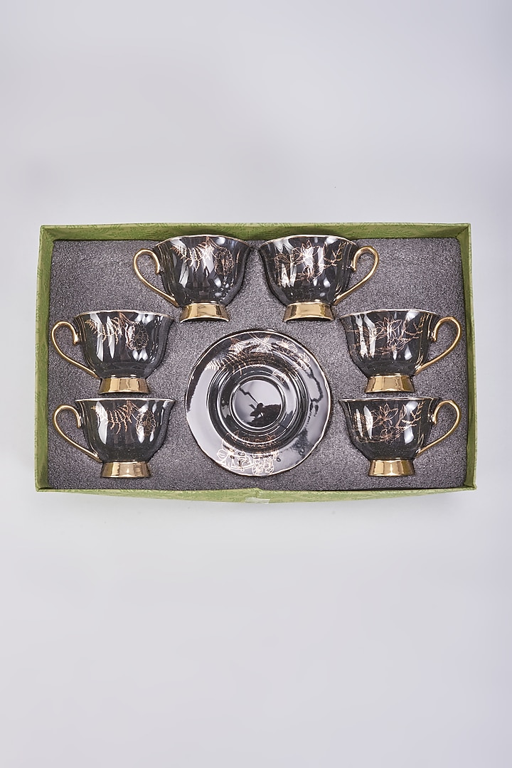 Black Porcelain Printed Cups & Saucer Set by The Khabiyas Trunk by KJ at Pernia's Pop Up Shop