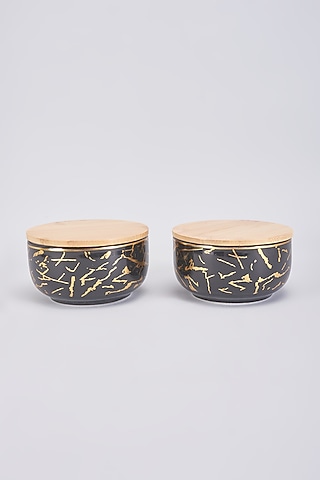 Black Porcelain & Wood Handcrafted Jars Set by The Khabiyas Trunk by KJ