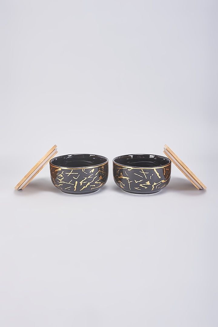 Black Porcelain & Wood Handcrafted Jars Set by The Khabiyas Trunk by KJ at Pernia's Pop Up Shop