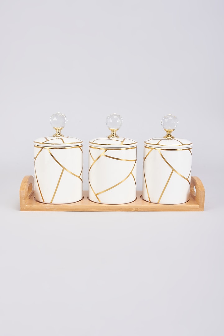 White Porcelain & Wood Handcrafted Jars With Tray by The Khabiyas Trunk by KJ at Pernia's Pop Up Shop