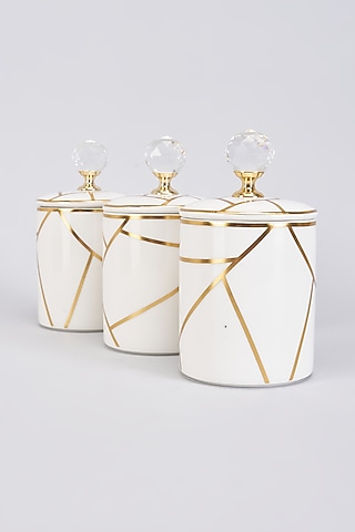 White Porcelain & Wood Handcrafted Jars With Tray by The Khabiyas Trunk by KJ