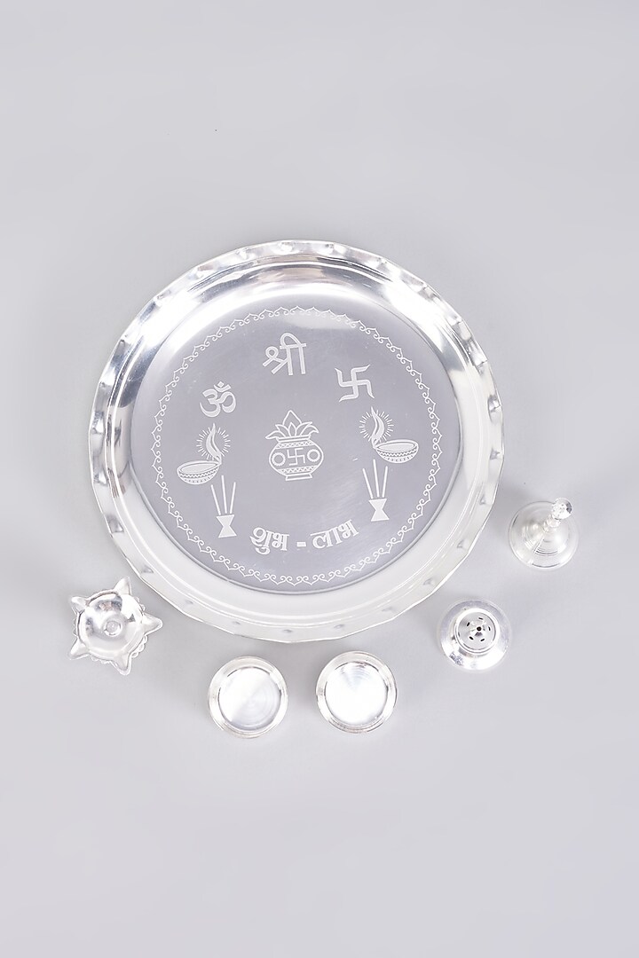 Silver Metal Pooja Thali (Set of 6) by The Khabiyas Trunk by KJ at Pernia's Pop Up Shop