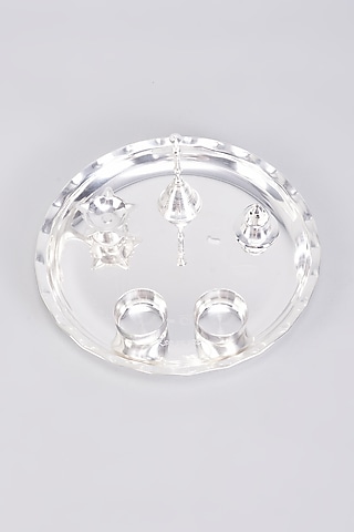 Silver Metal Pooja Thali (Set of 6) by The Khabiyas Trunk by KJ