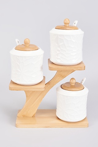 White Porcelain & Wood Handcrafted Jars Set by The Khabiyas Trunk by KJ