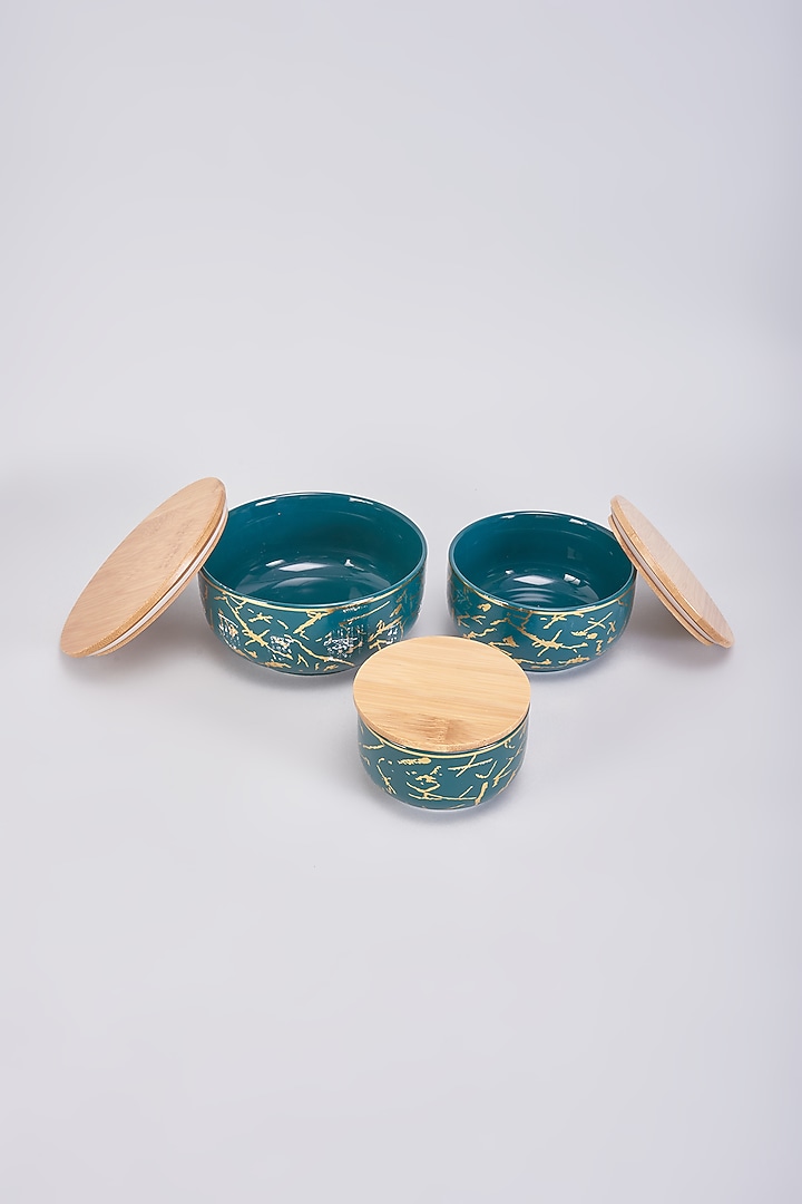 Teal Porcelain & Wood Handcrafted Jars Set by The Khabiyas Trunk by KJ at Pernia's Pop Up Shop