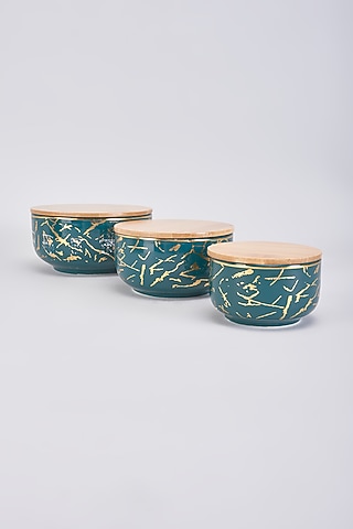 Teal Porcelain & Wood Handcrafted Jars Set by The Khabiyas Trunk by KJ