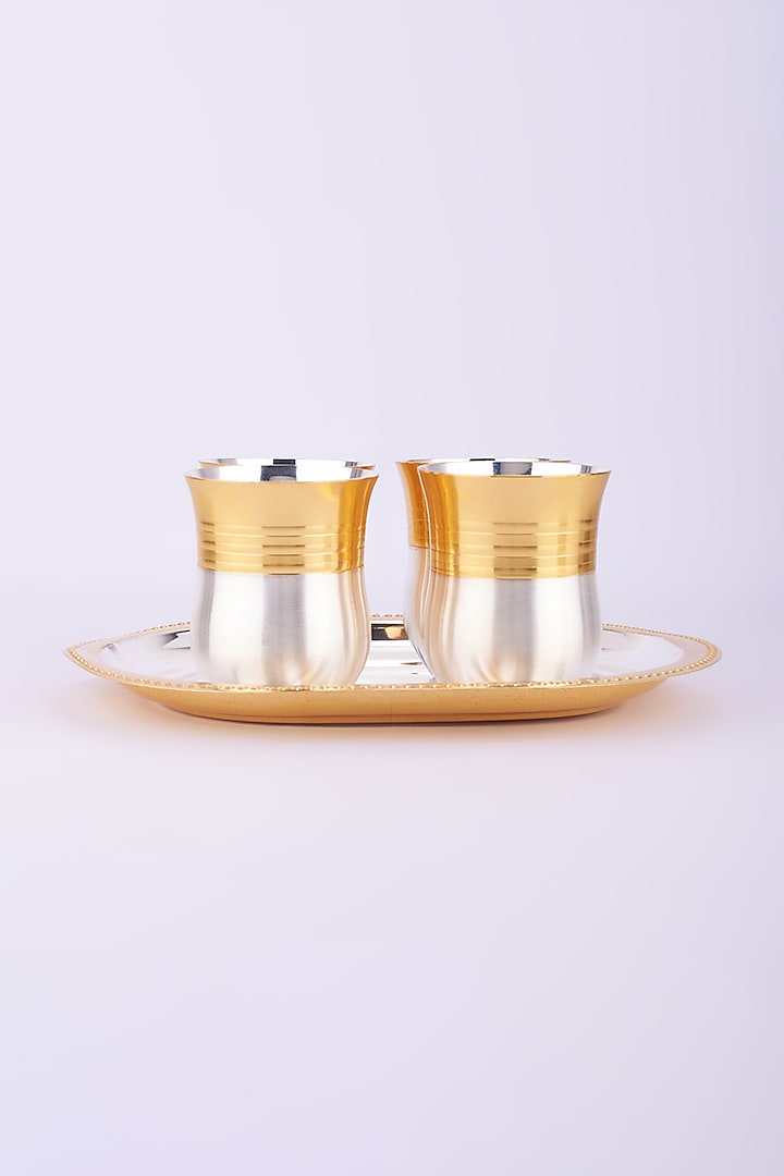 White & Gold German Silver Glass Tray Set by The Khabiyas Trunk by KJ