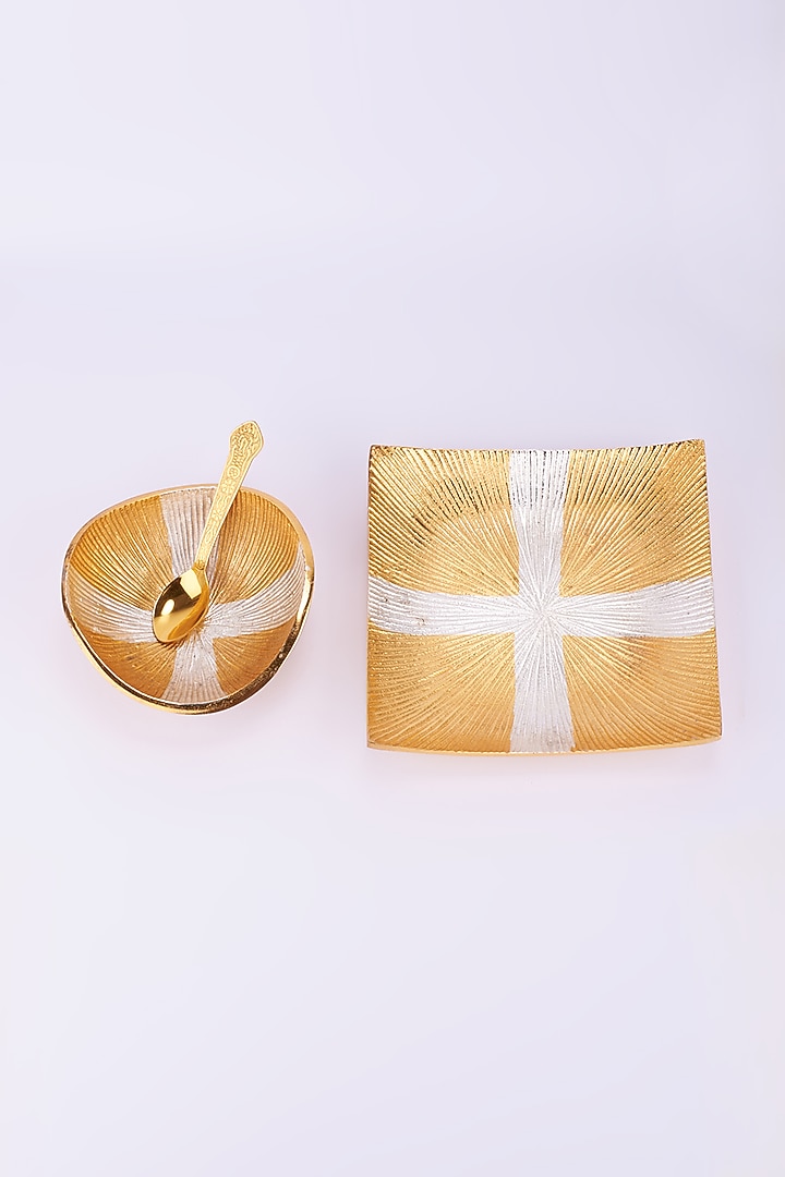 Gold & White Handcrafted Mukhwas Bowl Tray Set by The Khabiyas Trunk by KJ at Pernia's Pop Up Shop