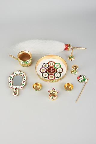 Gold Iron Ashta Prakari Pooja Set by The Khabiyas Trunk by KJ