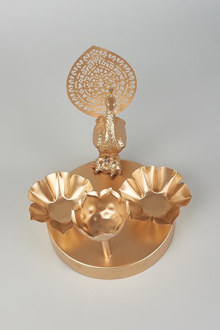 Gold Iron Lotus & Peacock Diya With Stand by The Khabiyas Trunk by KJ