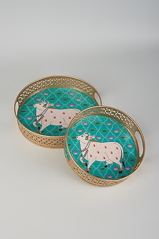 Green Iron Pichwai Tray Set by The Khabiyas Trunk by KJ