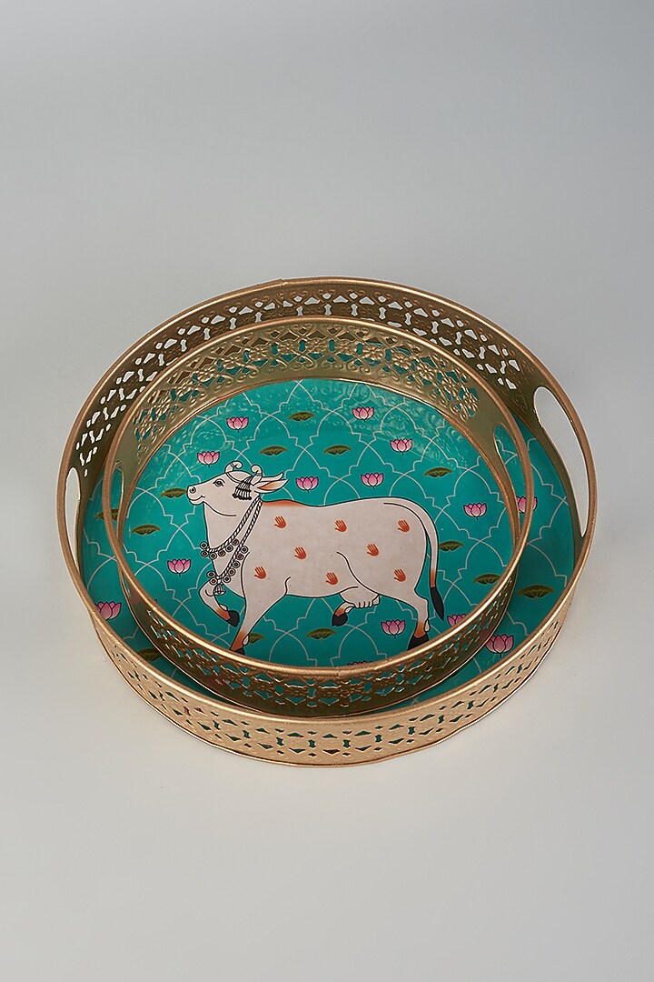 Green Iron Pichwai Tray Set by The Khabiyas Trunk by KJ at Pernia's Pop Up Shop