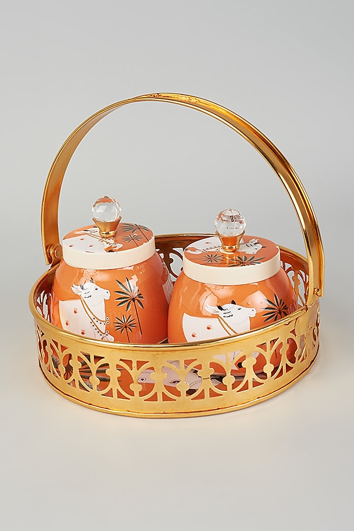 Orange Iron & Metal Pichwai Jar Set With Basket by The Khabiyas Trunk by KJ