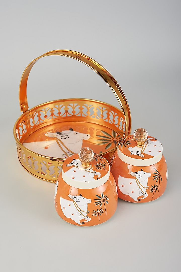 Orange Iron & Metal Pichwai Jar Set With Basket by The Khabiyas Trunk by KJ at Pernia's Pop Up Shop