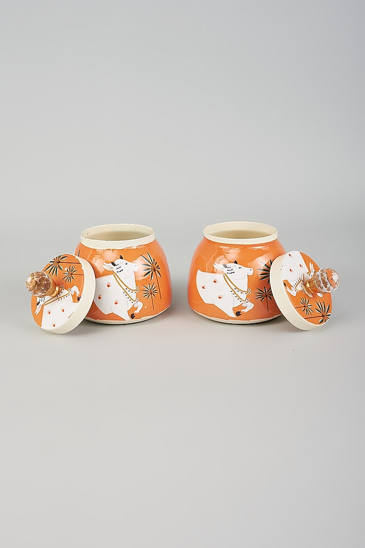 Orange Iron & Metal Pichwai Jar Set With Basket by The Khabiyas Trunk by KJ at Pernia's Pop Up Shop