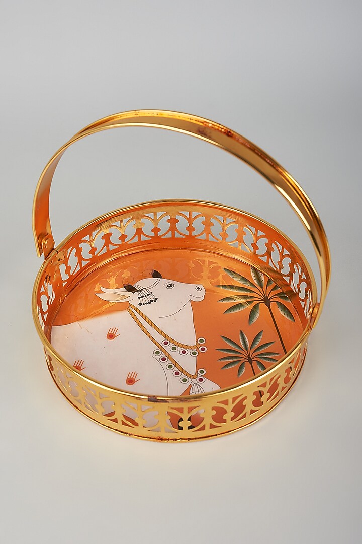 Orange Iron & Metal Pichwai Jar Set With Basket by The Khabiyas Trunk by KJ at Pernia's Pop Up Shop