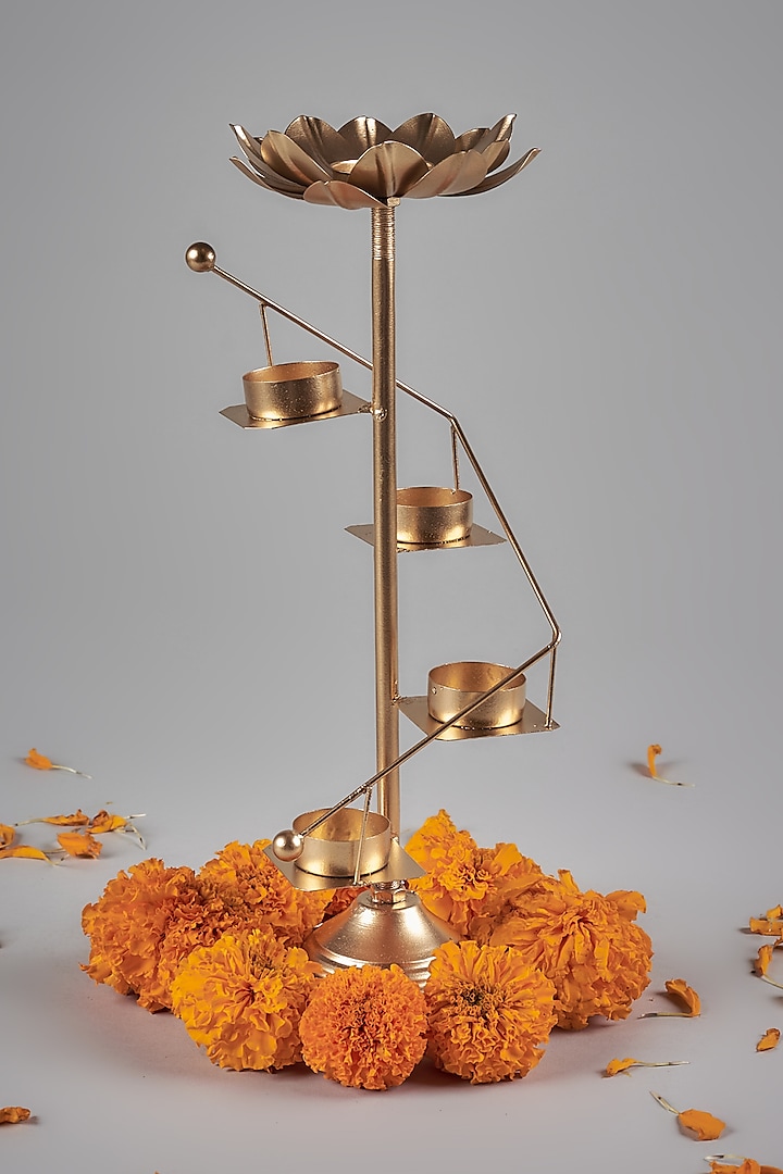 Gold Iron Handcrafted Lotus Ladder T-Light Holder by The Khabiyas Trunk by KJ