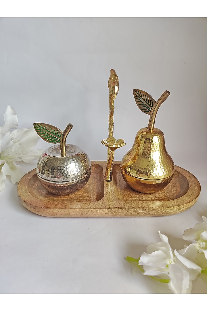 Gold Wooden Dual Tray With Jars by The Khabiyas Trunk by KJ at Pernia's Pop Up Shop