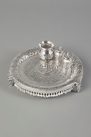 Silver Plated Aarti Thali Set (Set of 4) by The Khabiyas Trunk by KJ