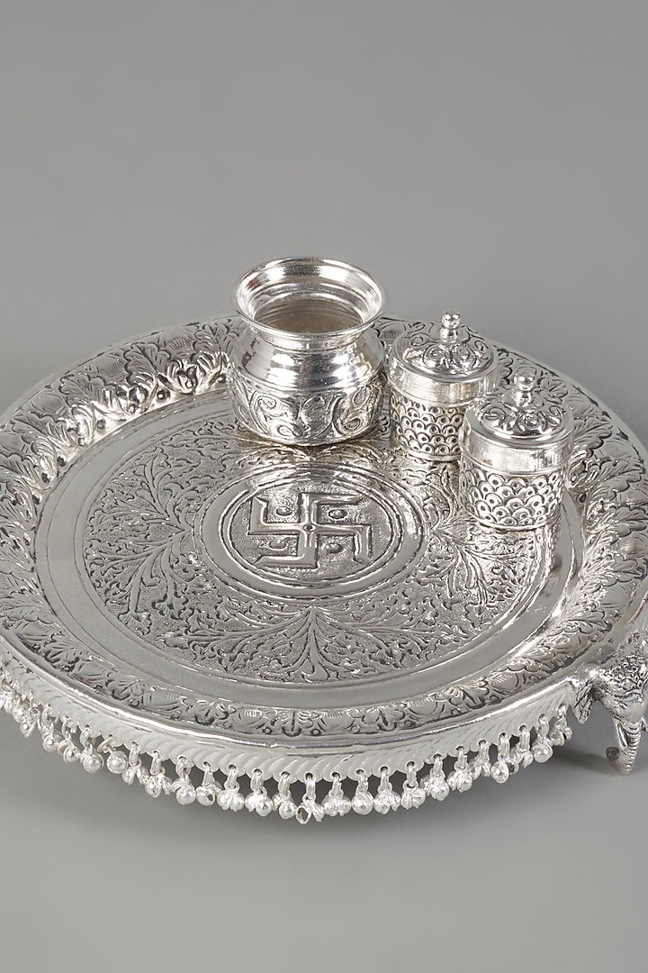 Silver Plated Aarti Thali Set (Set of 4) by The Khabiyas Trunk by KJ at Pernia's Pop Up Shop