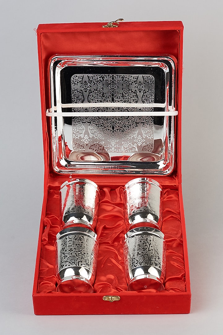 German Silver Tray With Glasses (Set of 5) by The Khabiyas Trunk by KJ