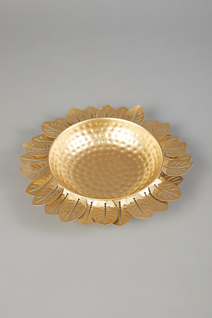 Gold Lotus Leaf Metal Urli by The Khabiyas Trunk by KJ at Pernia's Pop Up Shop