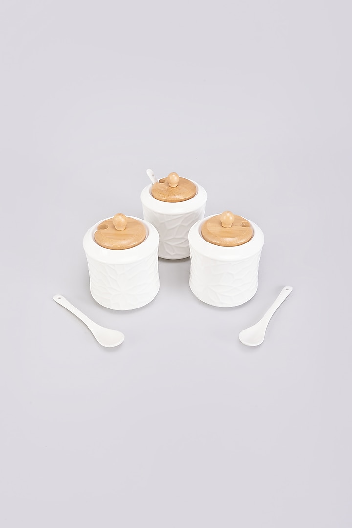 White Porcelain & Wood Handcrafted Jars Set by The Khabiyas Trunk by KJ at Pernia's Pop Up Shop