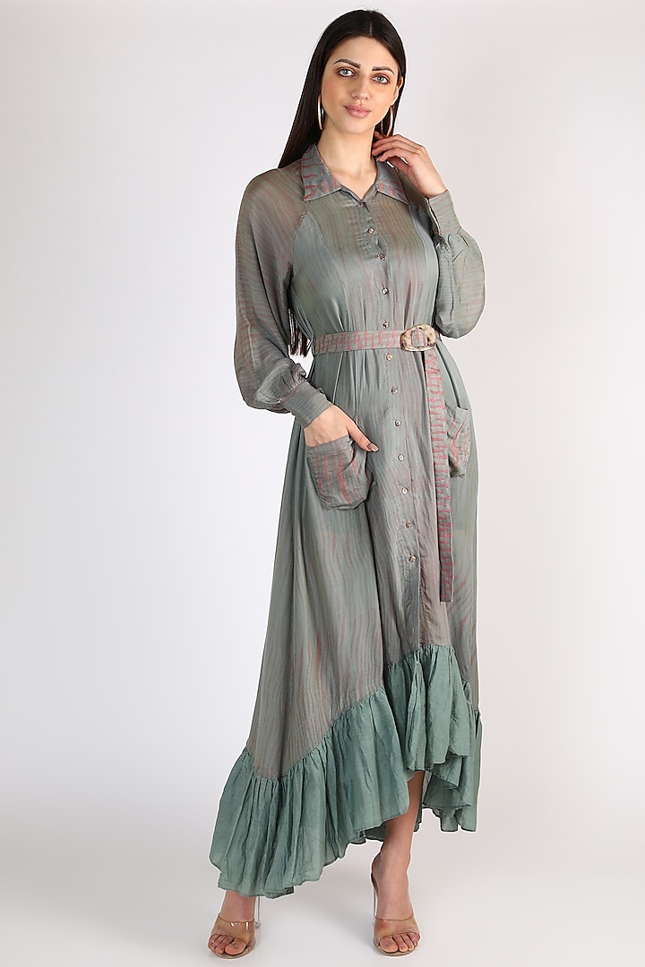 Green Shirt Dress With Embroidered Belt by The Loom art