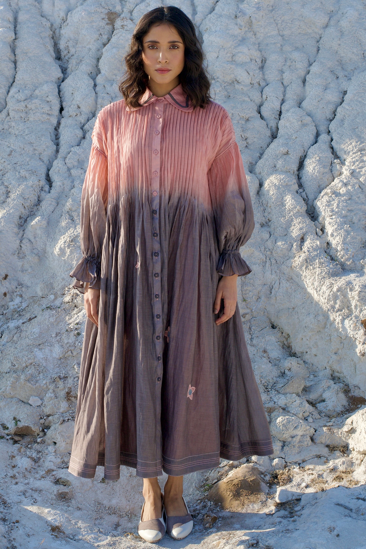 Salmon & Grey Ombre Chanderi Silk Embroidered Dress Design by The Loom art  at Pernia's Pop Up Shop 2026