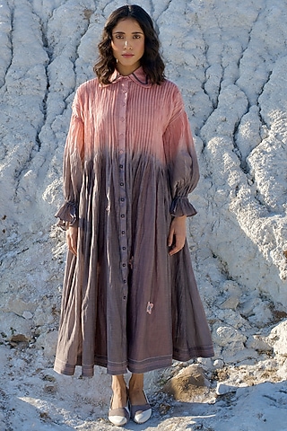 Salmon & Grey Ombre Chanderi Silk Embroidered Dress by The Loom art