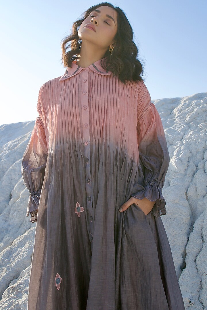 Salmon & Grey Ombre Chanderi Silk Embroidered Vacation Dress by The Loom art at Pernia's Pop Up Shop