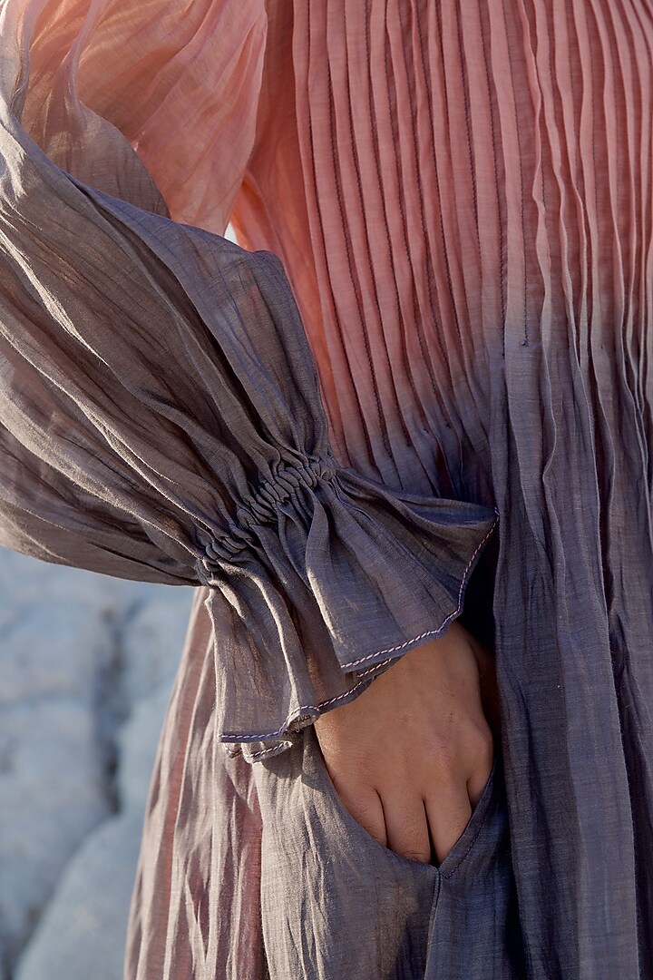 Salmon & Grey Ombre Chanderi Silk Embroidered Vacation Dress by The Loom art at Pernia's Pop Up Shop