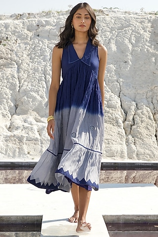 Blue & Grey Ombre Chanderi Silk Embroidered Dress by The Loom art