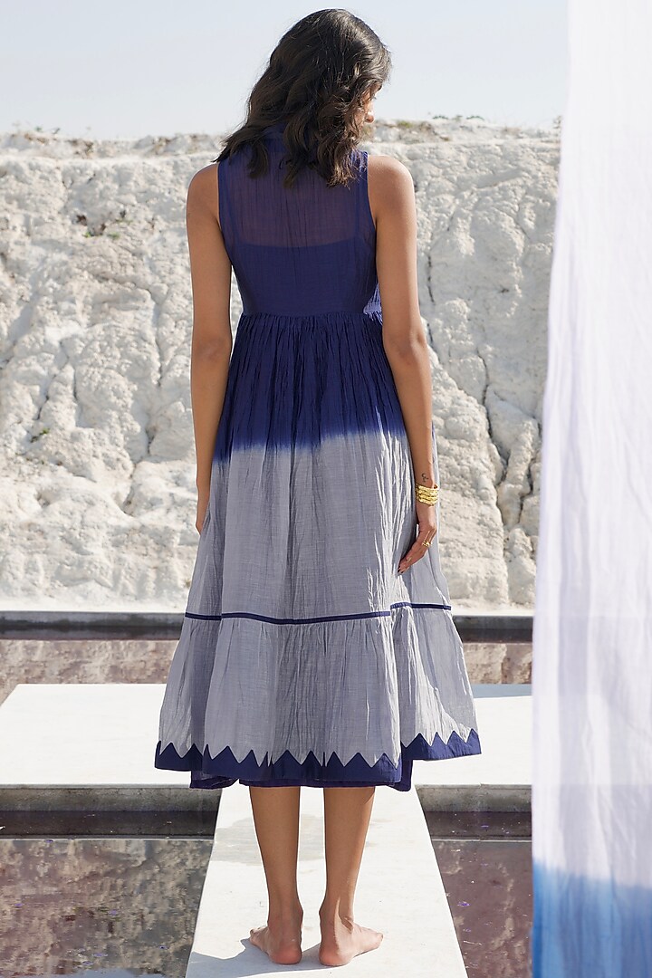 Blue & Grey Ombre Chanderi Silk Embroidered Vacation Dress by The Loom art at Pernia's Pop Up Shop