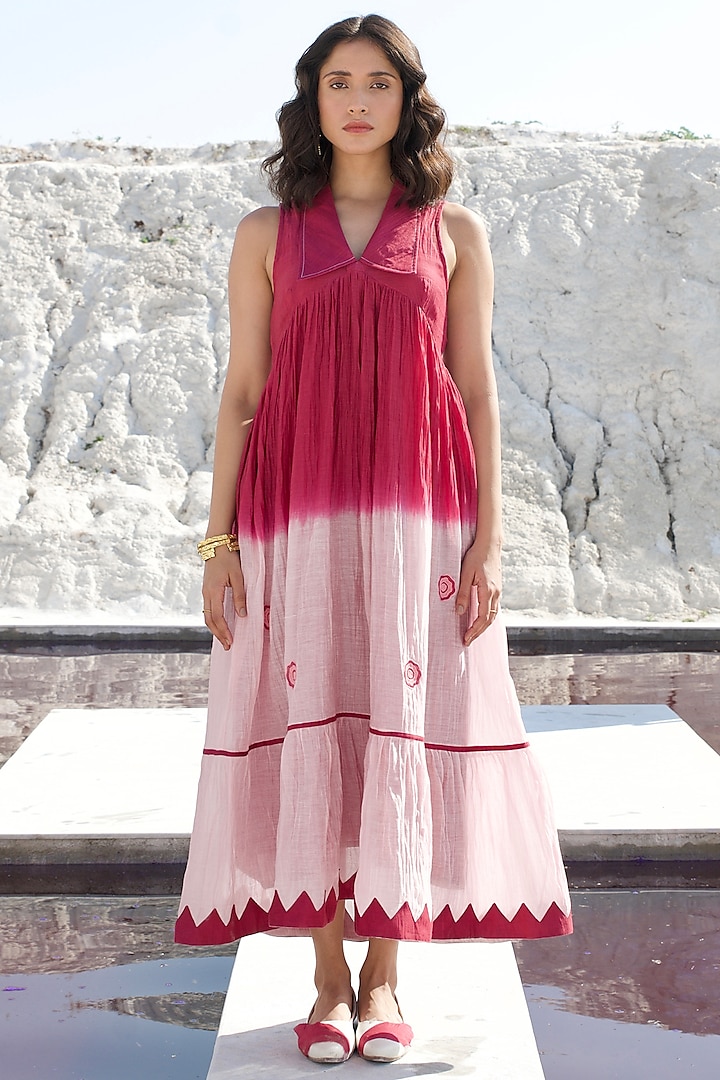 Rouge Pink Ombre Chanderi Silk Embroidered Dress by The Loom art
