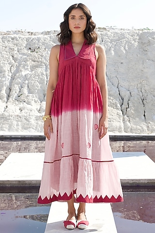 Rouge Pink Ombre Chanderi Silk Embroidered Dress by The Loom art