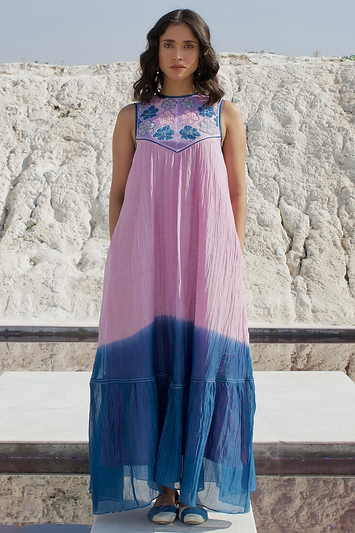 Lilac & Coral Blue Ombre Chanderi Silk Embroidered Dress by The Loom art